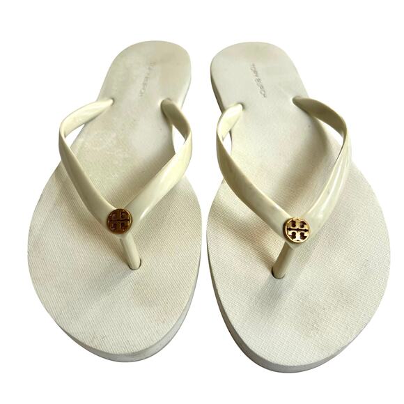Tory Burch White Logo Flip Flops Size 7 Women’s Sandals - Picture 3 of 9